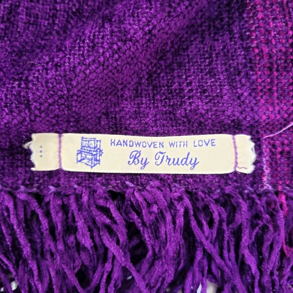 Handwoven Artisan Purple Chenille Poncho With Fringe Trim & Multicolor Stripes - Picture 5 of 8